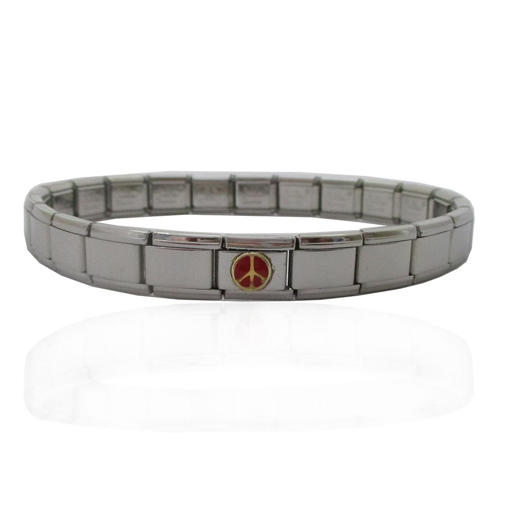 Bracciale acciaio estensibile in acciaio lucido con centrale in oro simbolo pace in rosso