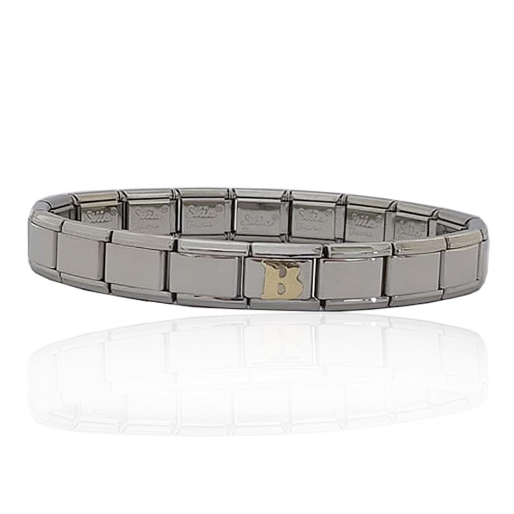 Bracciale estensibile in acciaio anallergico con centrale lettera b in oro giallo 18 carati