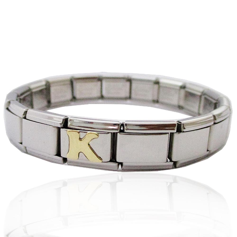 Bracciale estensibile in acciaio anallergico con iniziale k in oro giallo 18 carati