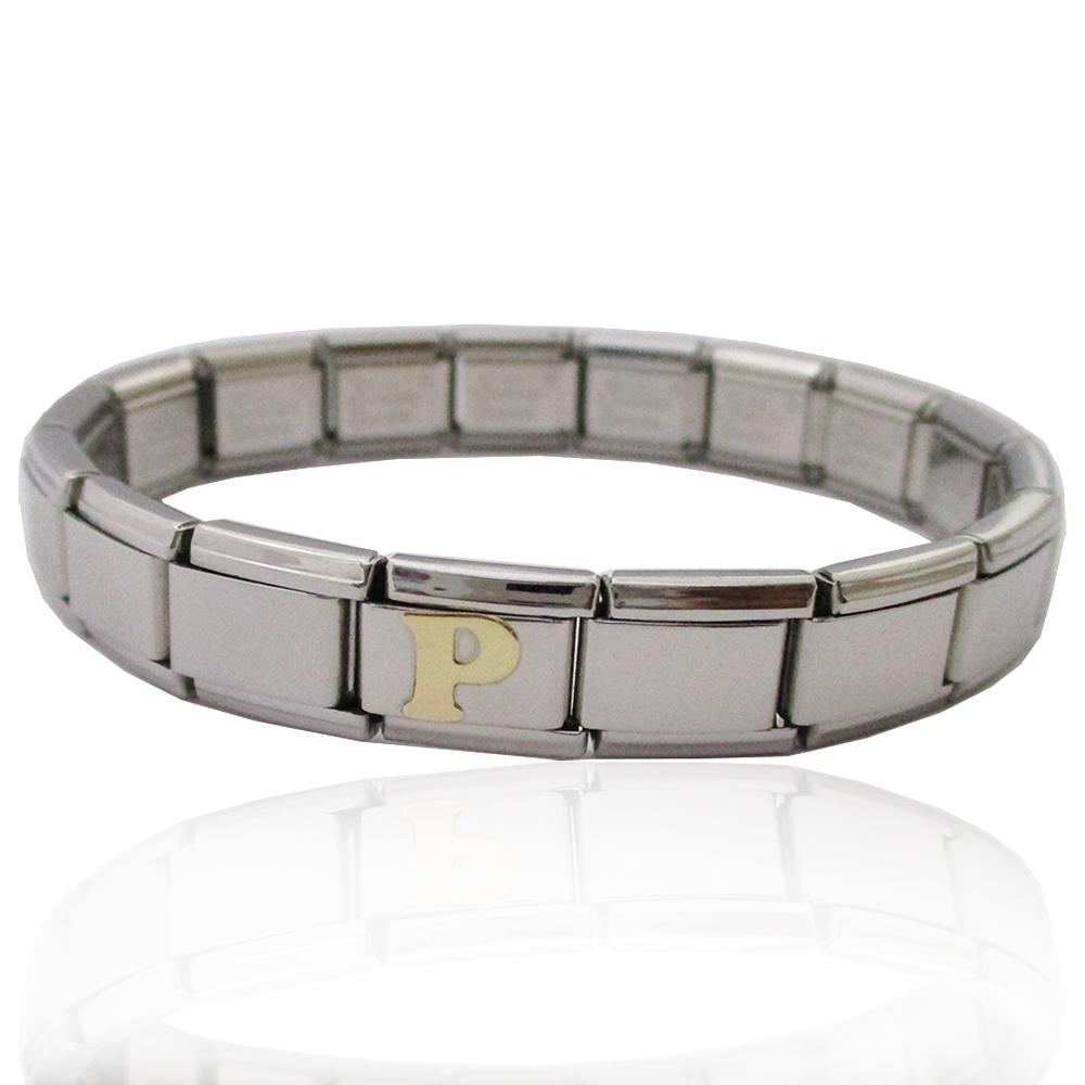 Bracciale estensibile in acciaio anallergico con iniziale p in oro giallo 18 carati