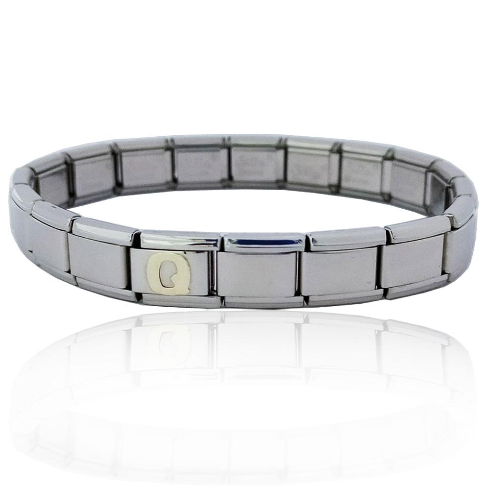 Bracciale estensibile in acciaio anallergico con centrale lettera q in oro giallo 18 carati