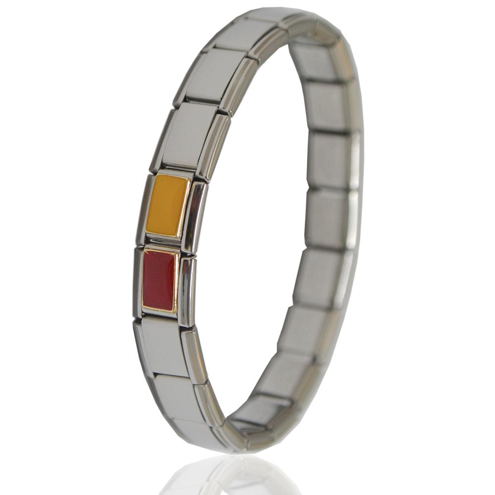 Bracciale componibile in acciaio anallergico con centrale bandiera giallo-rossa in oro giallo 18 carati e smalti