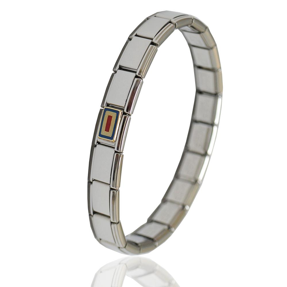 Bracciale componibile in acciaio anallergico con centrale bandiera blu-bianco-rossa in oro giallo 18 carati e smalti