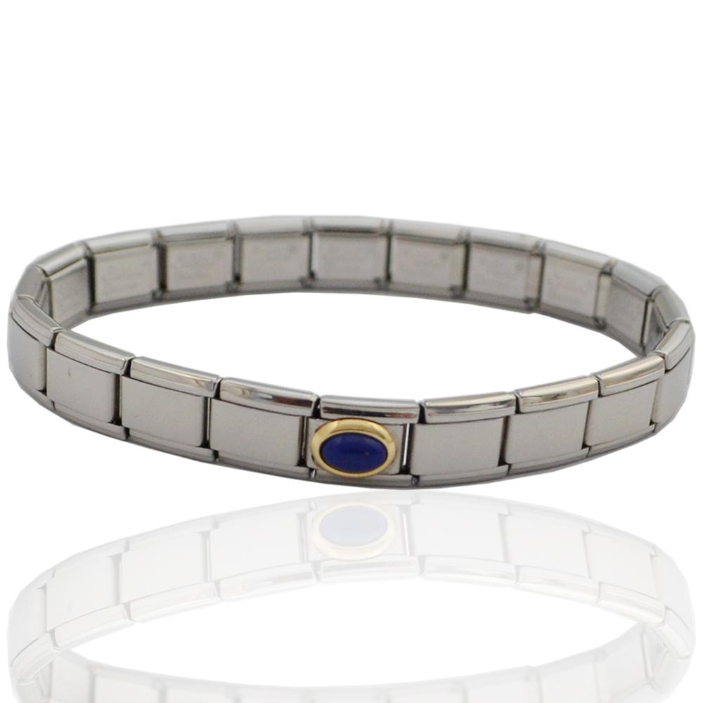 Bracciale componibile in acciaio anallergico con centrale cabochon di lapislazzuli e oro giallo 18 carati