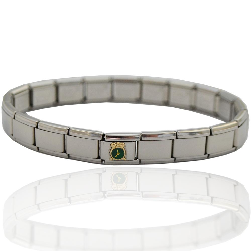 Bracciale componibile in acciaio anallergico con centrale orologio sveglia in oro giallo 18 carati e smalti