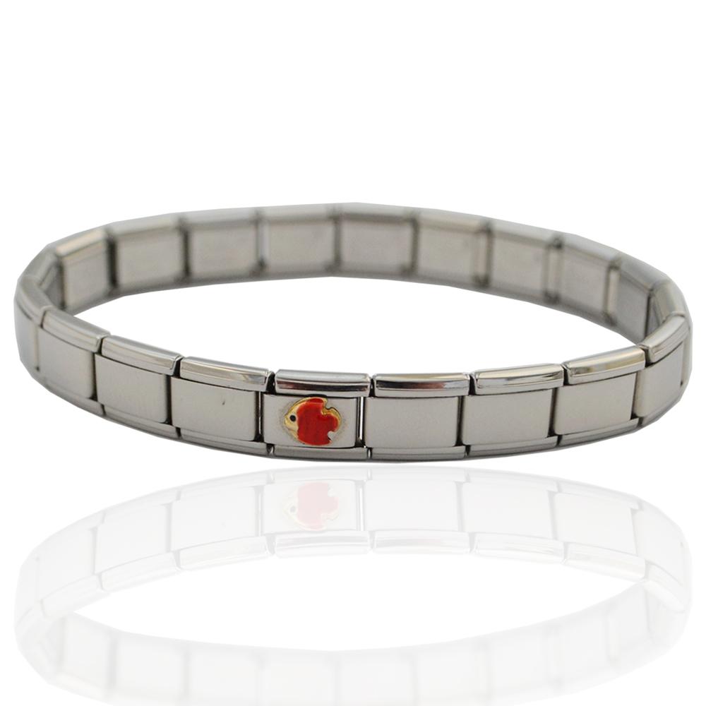 Bracciale composable in acciaio anallergico con centrale pesciolino rosso in oro giallo 18 carati e smalti