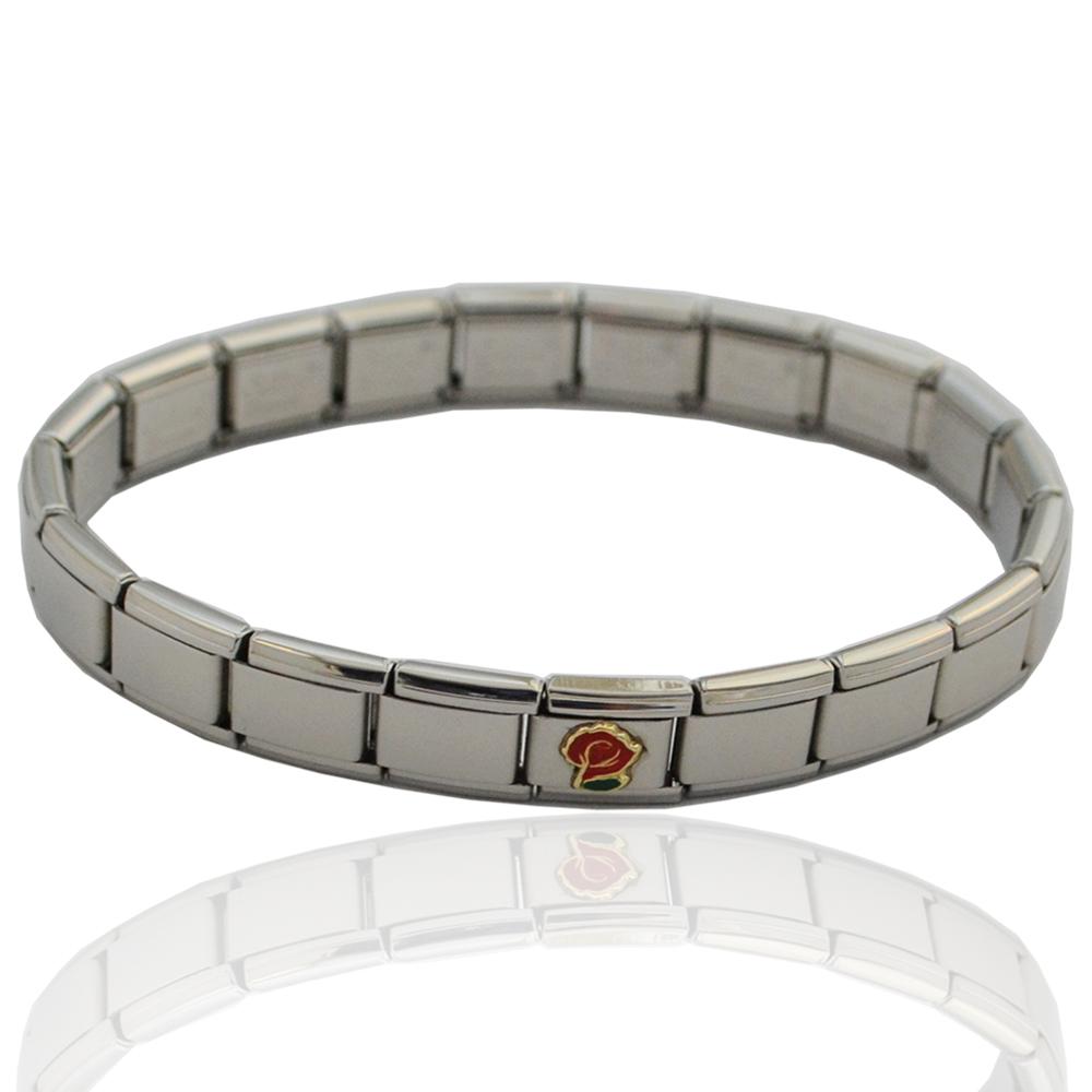 Bracciale componibile in acciaio anallergico con centrale rosa in oro giallo 18 carati e smalti