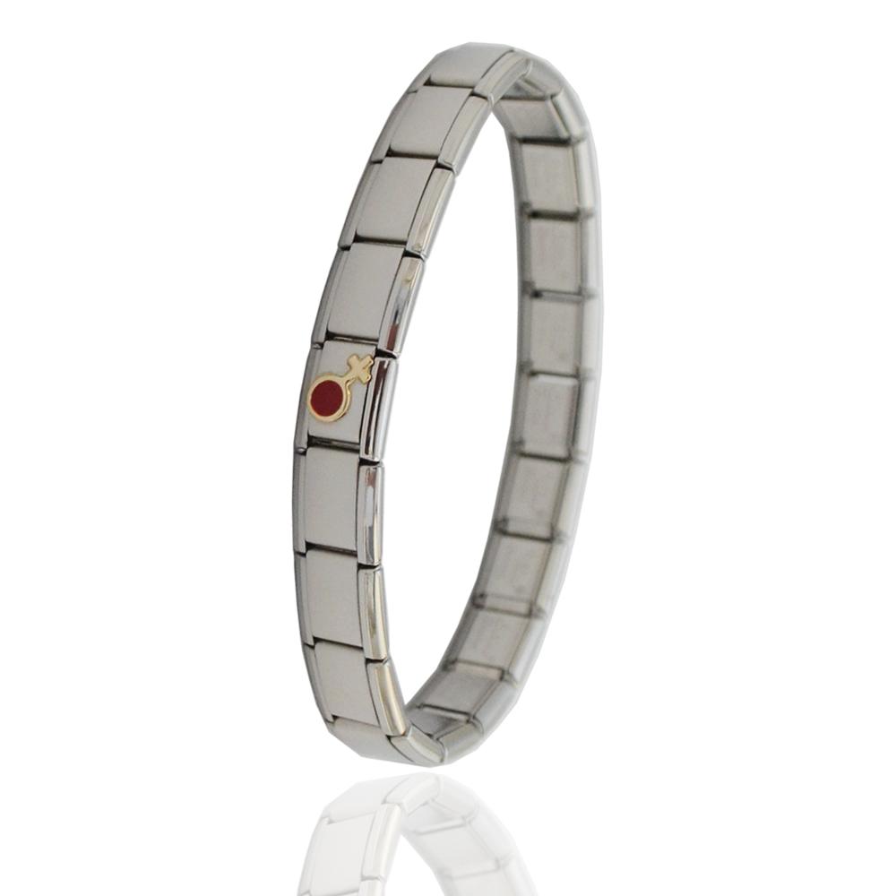 Bracciale componibile in acciaio anallergico con centrale simbolo femmina in oro giallo 18 carati e smalti