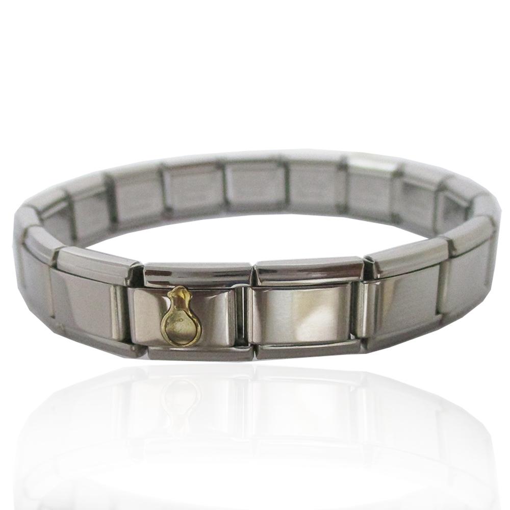 Bracciale estensibile in acciaio con centrale simbolo gamete maschile in oro giallo 18 carati