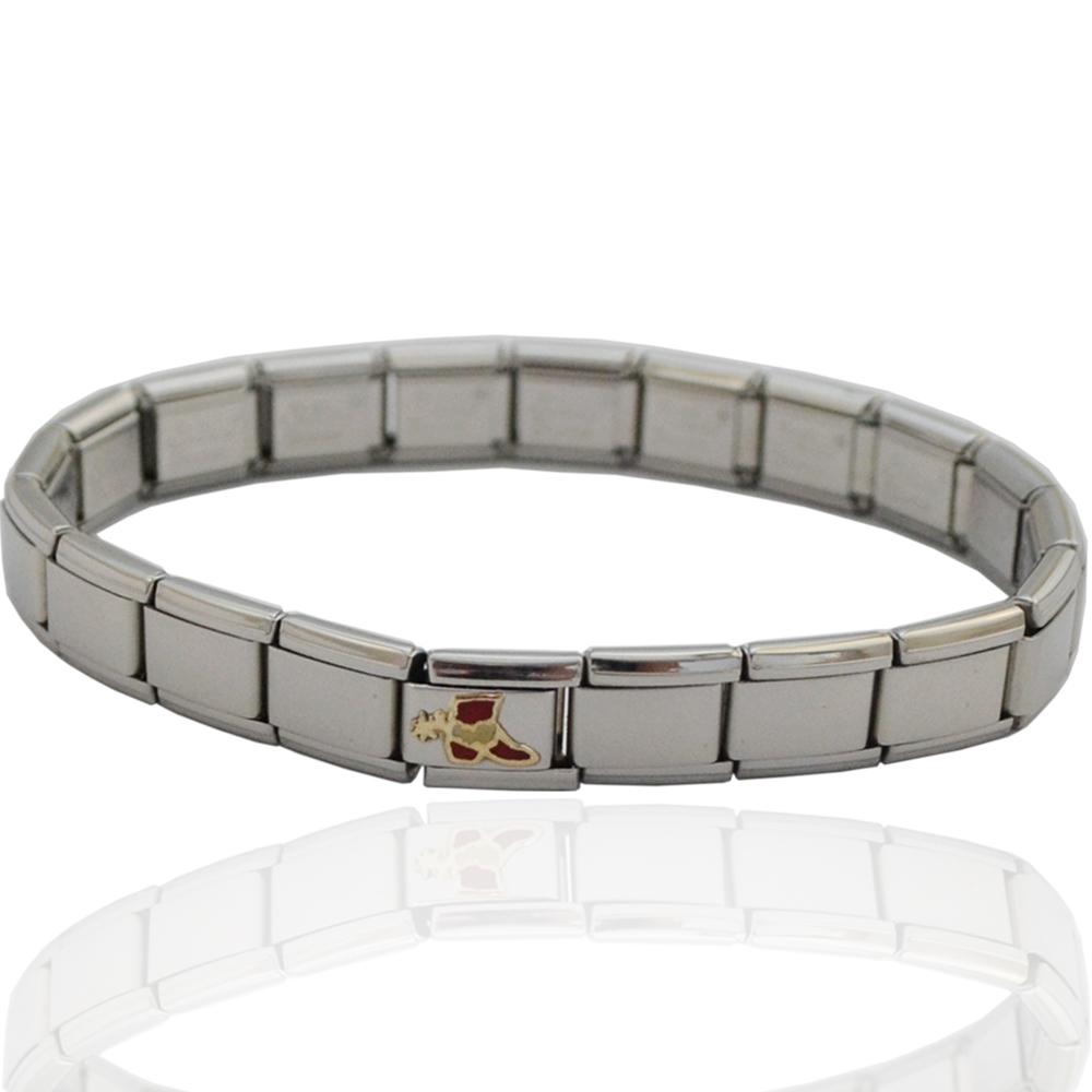 Bracciale componibile in acciaio anallergico con centrale stivali cowboy in oro giallo 18 carati e smalti