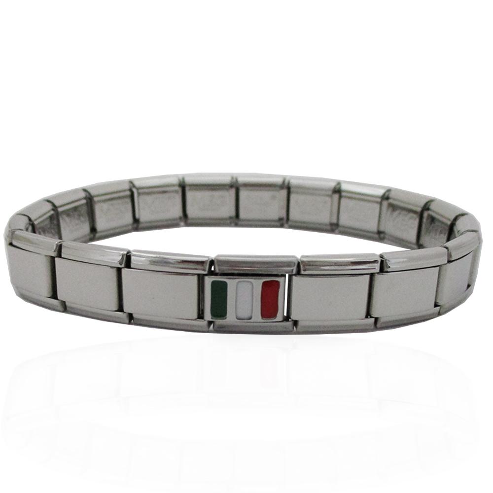 Bracciale componibile elastico in acciaio anallergico con centrale tricolore italiano con smalti