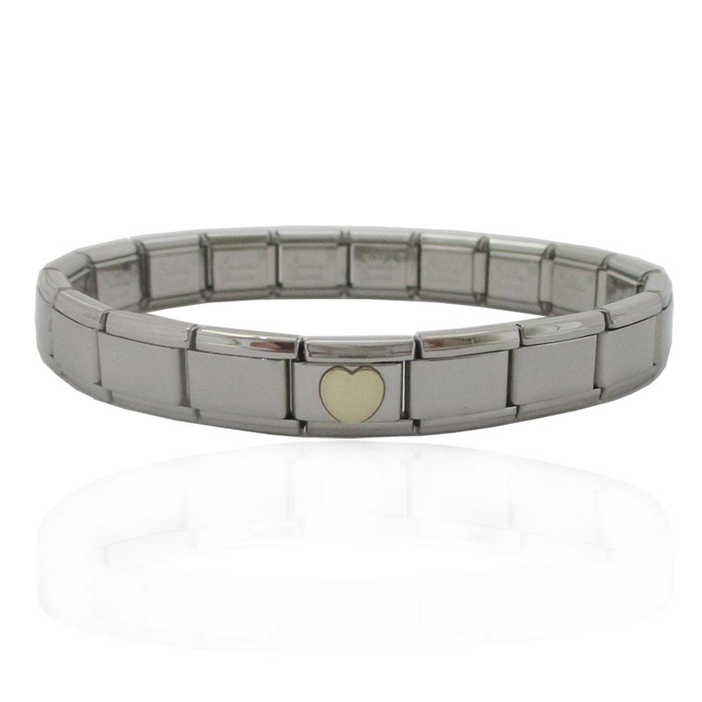 Bracciale elastico in acciaio lucido con centrale cuore in oro giallo