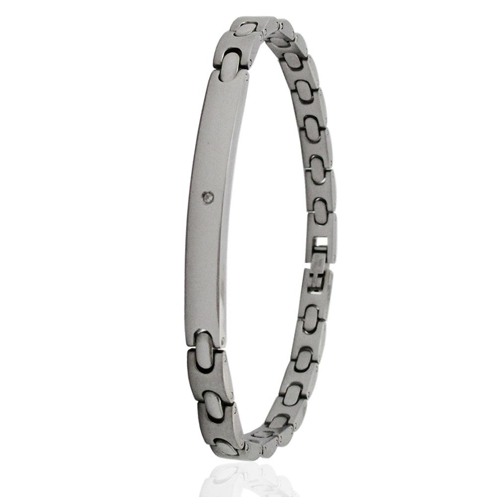 Bracciale uomo acciaio liscio-satinato con targhetta liscia mm 5 con zircone centrale cm 21 - personalizzabile -