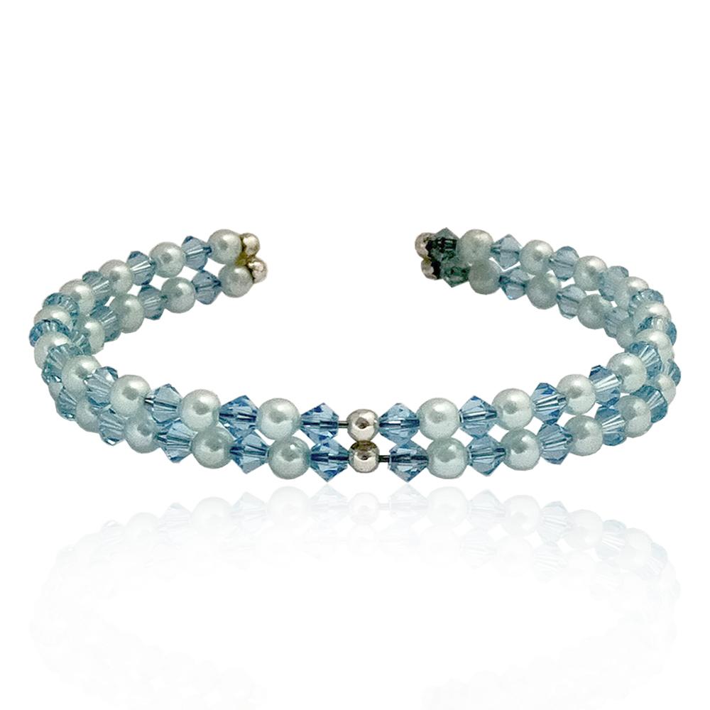 Bracciale alla schiava 2 fili con cristalli swarovski sapphire argento 925 con perline celesti