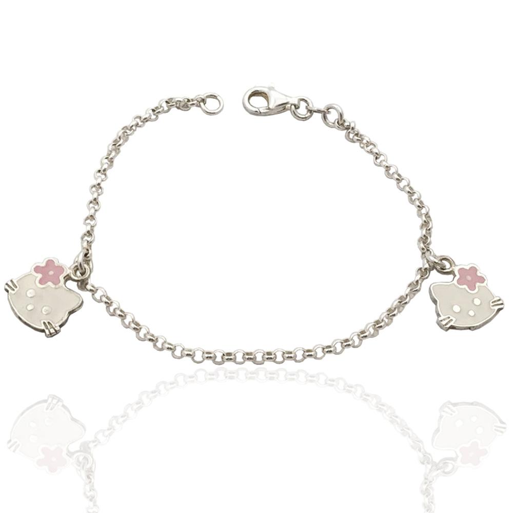 Bracciale rolo' hello kitty con fiore rosa in argento titolo 925 smaltato a fuoco