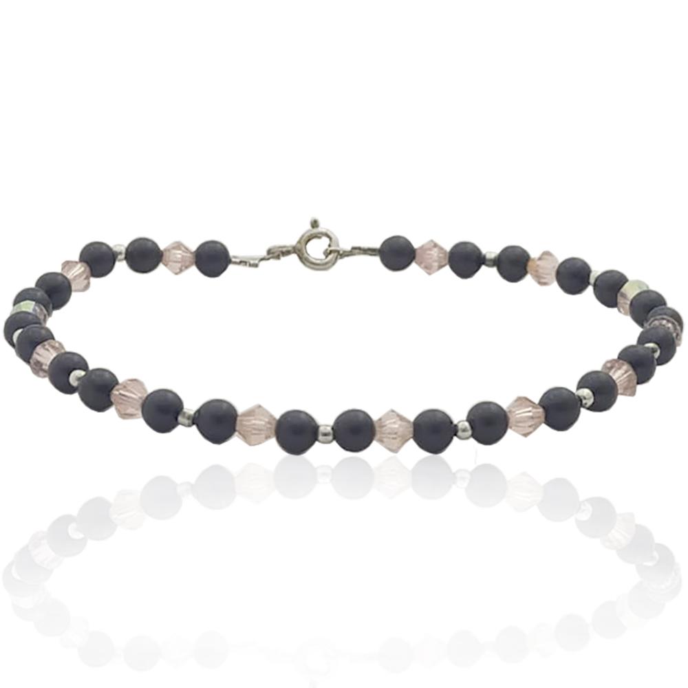 Bracciale cm 19 in argento 925 con perlina blu scuro mm 4 e cristalli swarovski light rose