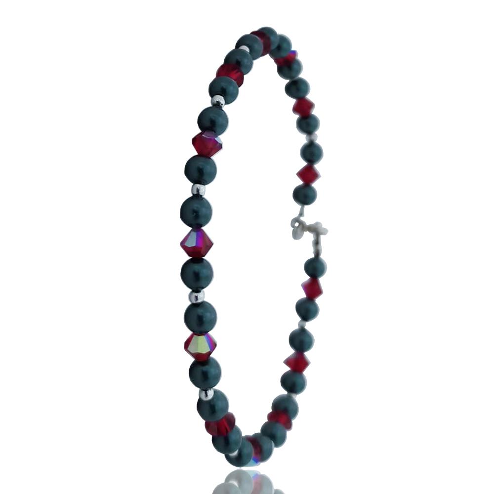 Bracciale cm 19 in argento 925 con perlina verde scuro mm 4 e cristalli swarovski ruby