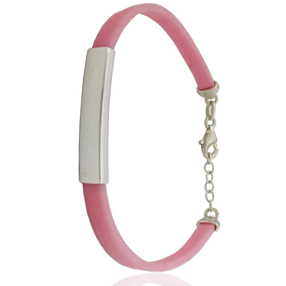 Bracciale bambina cm 17-19 con caucciù rosa e targa in argento 925 da personalizzare