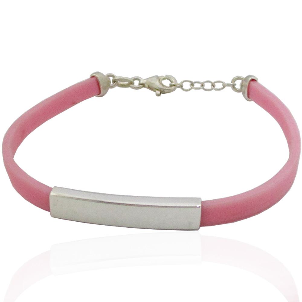 Bracciale bambina cm 17-19 con caucciù rosa e targa in argento 925 da personalizzare