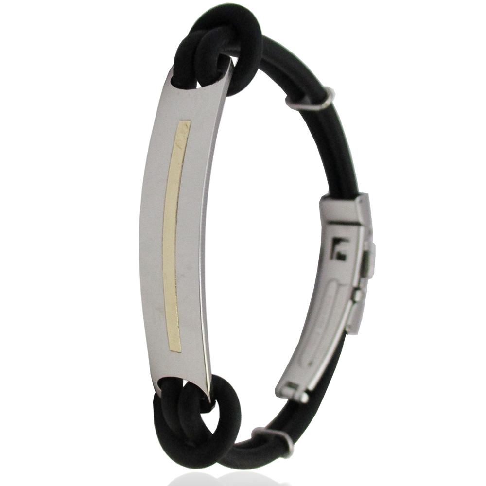 Bracciale in acciaio con cinturino in caucciù a 2 fili con chiusura deployante con targa con particolare in oro