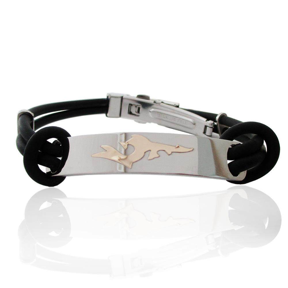 Bracciale in acciaio con cinturino in caucciù a 2 fili con chiusura deployante con targa con tribale in oro