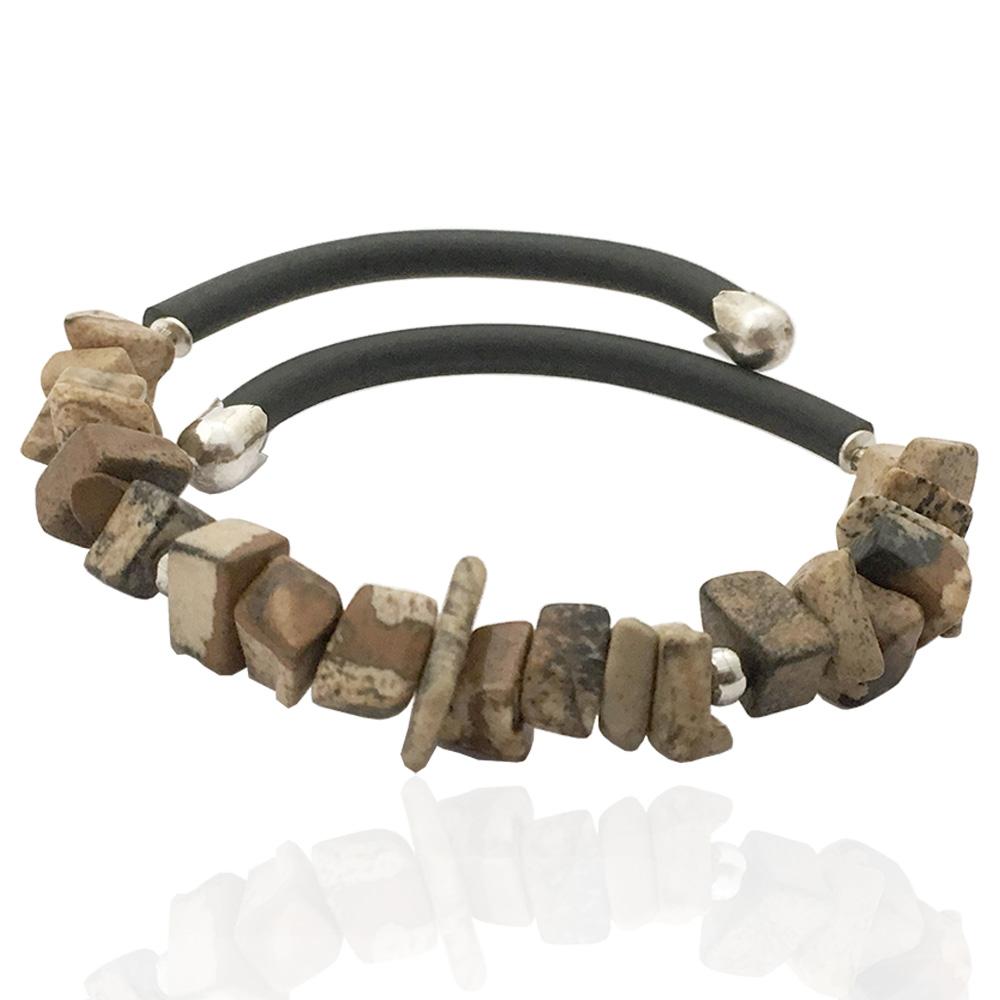 Bracciale donna in caucciù argento titolo 925 e pietre dure naturali colore marrone