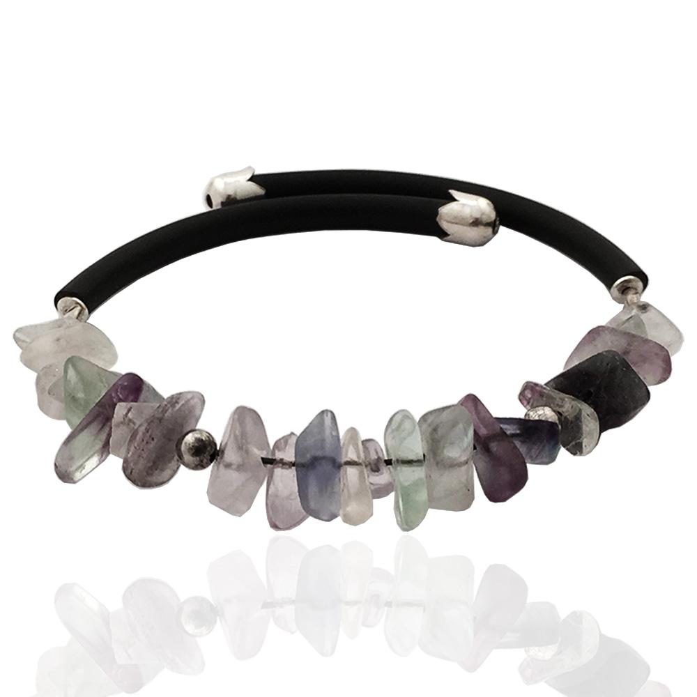 Bracciale donna in caucciù argento titolo 925 e pietre dure naturali verde rosa e viola