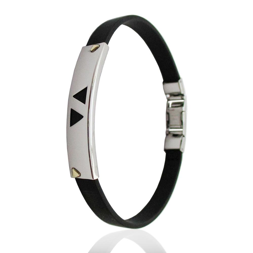 Bracciale caucciu' con targa acciaio traforata con triangoli e borchie in oro giallo