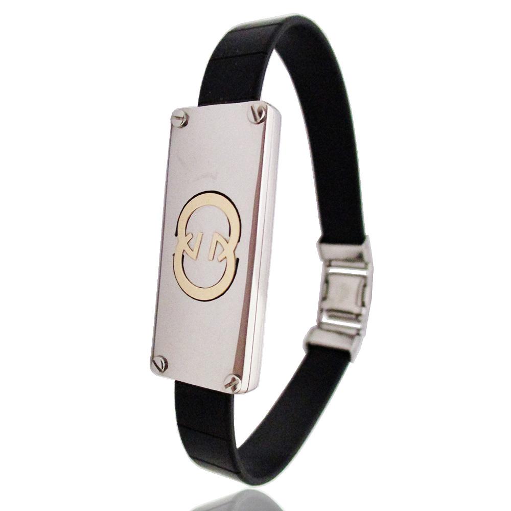 Bracciale con cinturino in caucciù e targa centrale in acciaio mm 11x40 con particolari in oro giallo - personalizzabile -