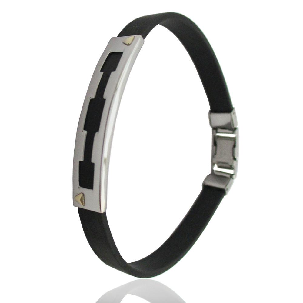 Bracciale caucciu' con targa acciaio traforata con rettangoli e borchie in oro giallo