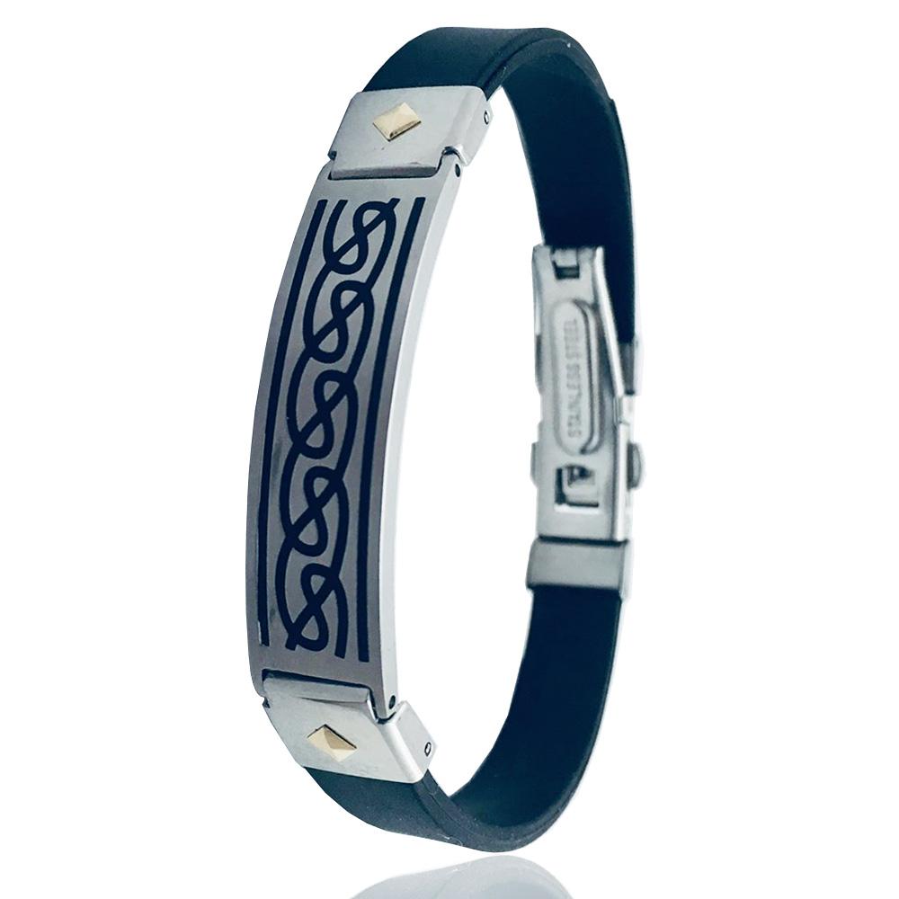 Bracciale in caucciu' mm 11 con chiusura deployante con targa in acciaio con infinito e particolari in oro giallo 18 carati