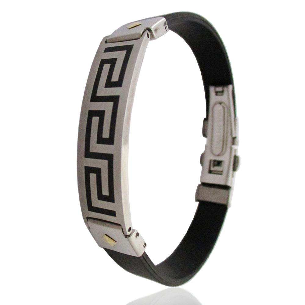 Bracciale in caucciu' mm 11 con chiusura deployante con targa in acciaio con motivo greca e particolari in oro giallo 18 carati