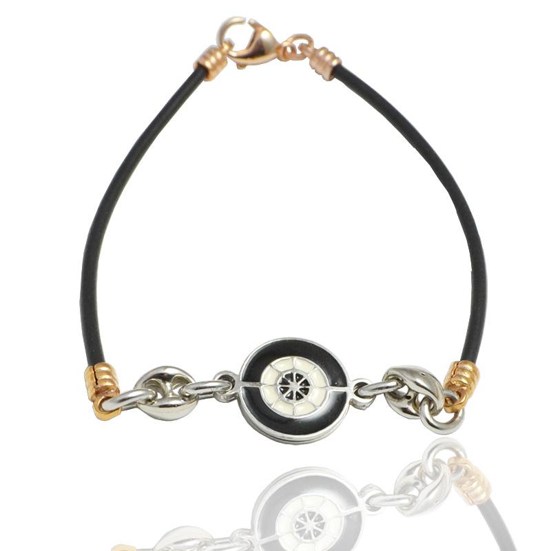 Braccialetto in caucciu con centrale timone smaltato e maglie marinare cm 22 in acciaio laminato oro rosa
