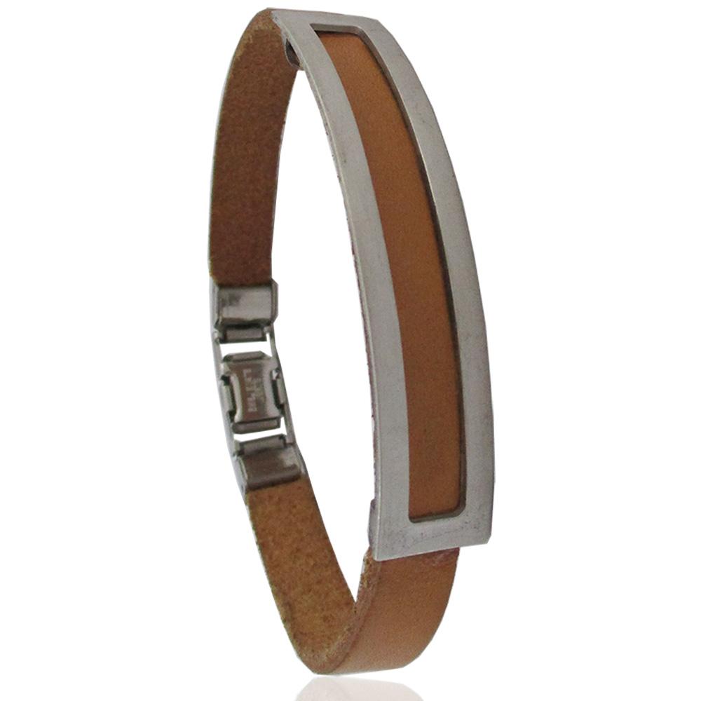 Bracciale uomo con cinturino in cuoio marrone e targa centrale in argento 925 satinato