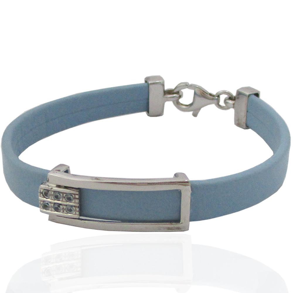 Bracciale cm 18 in pelle turchese con chiusura e targa centrale in argento 925 rodiato e strass azzurri