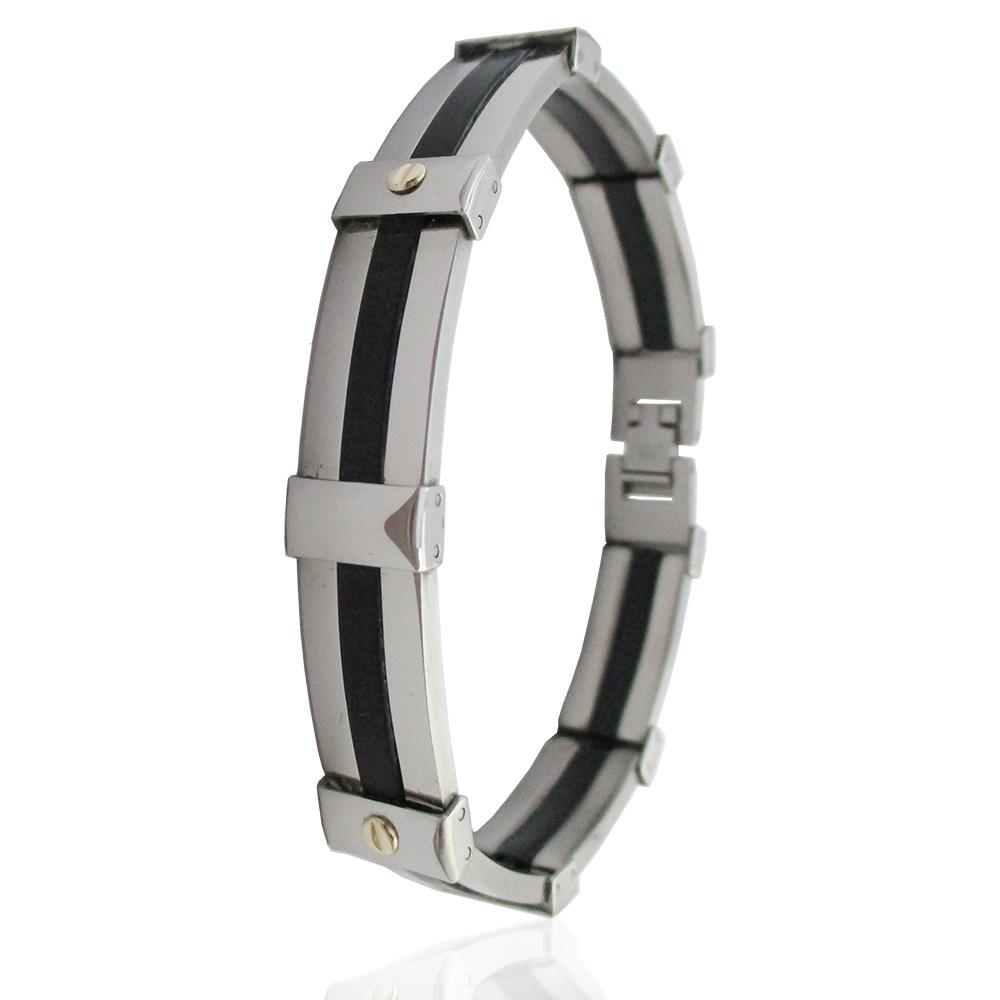 Bracciale in acciaio cm 21 a segmenti con inserti in caucciu e applicazioni in oro giallo 