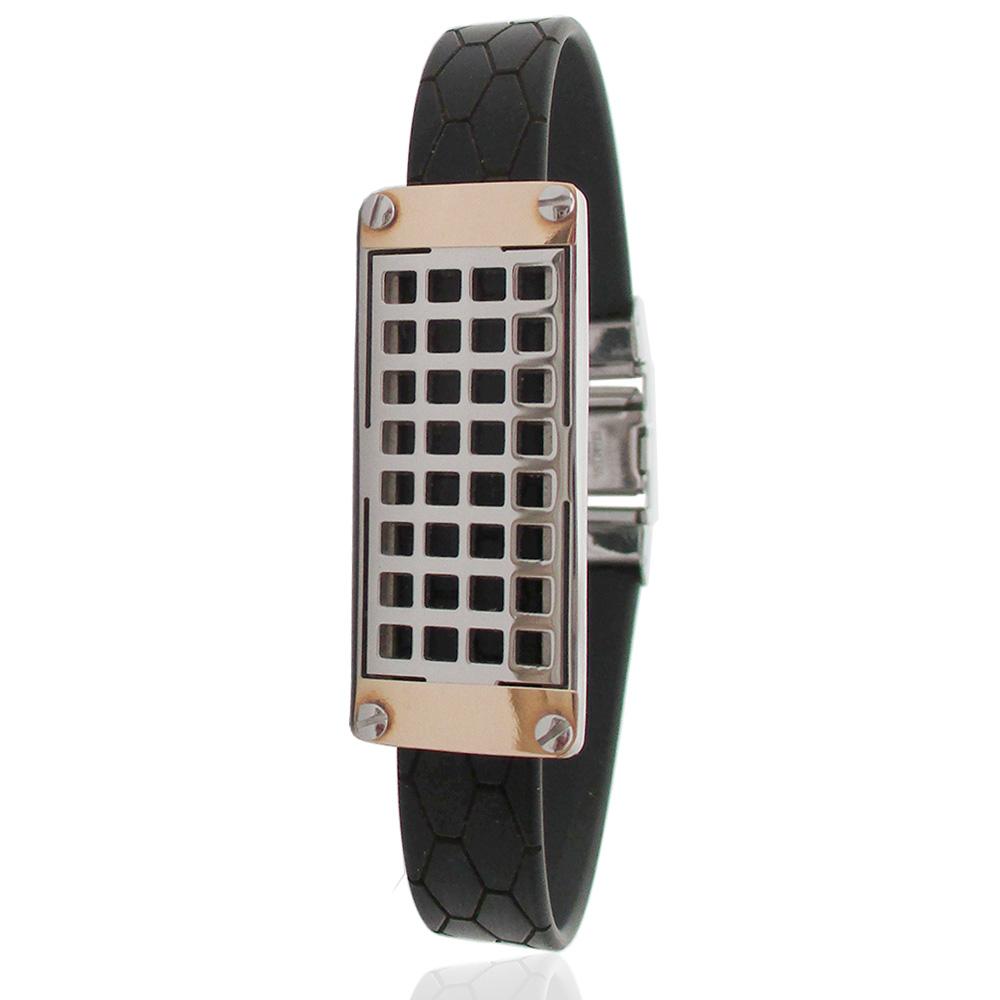 Bracciale con cinturino in caucciù squamato e targa centrale in acciaio a rete con particolari in oro - personalizzabile -
