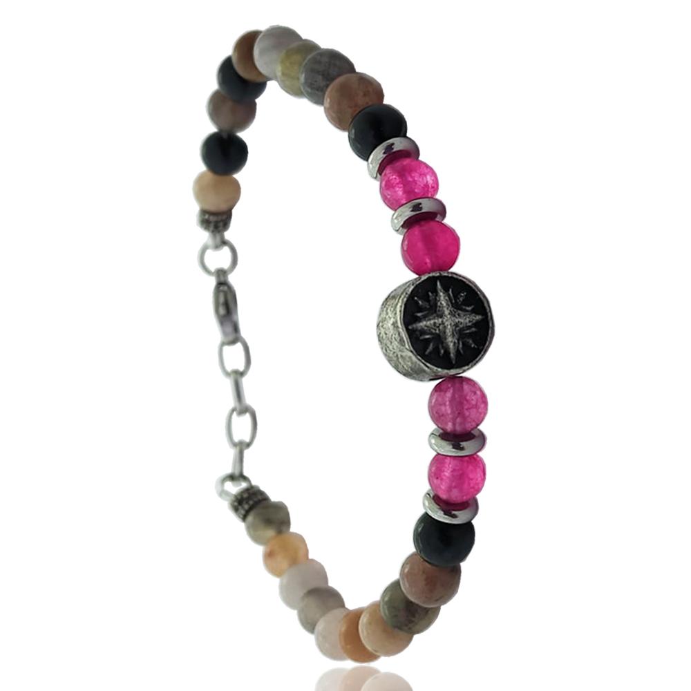 Bracciale in acciaio brunito cm 22 con rosa dei venti centrale e con pietre dure assortite da 6 mm 