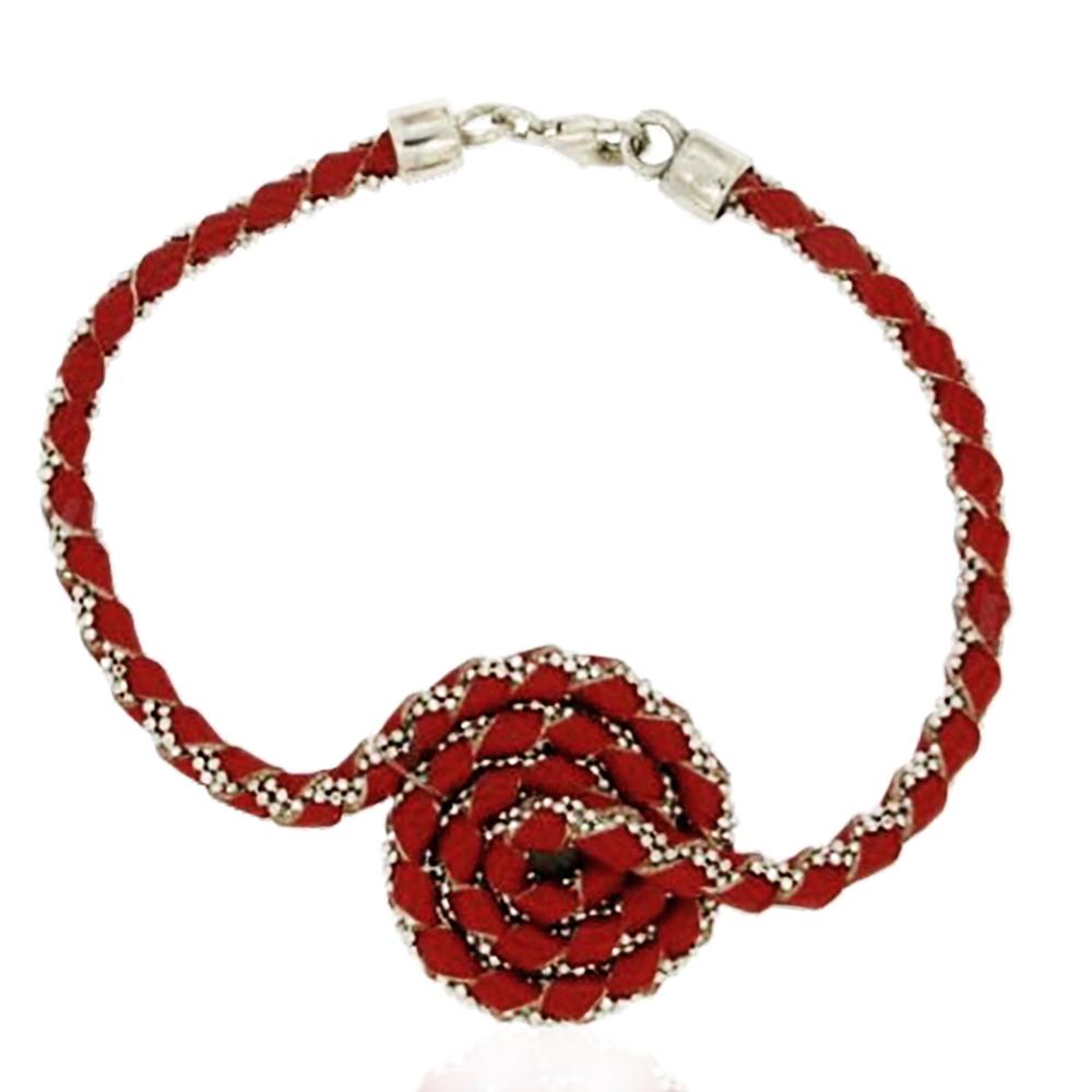 Bracciale spirale in pelle rossa con catena a pallina in argento titolo 925 rodiato