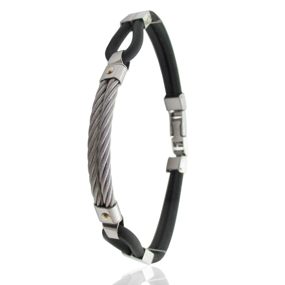 Bracciale con cinturino in caucciu' a 2 fili e targa centrale in acciaio a corda con borchie in oro giallo
