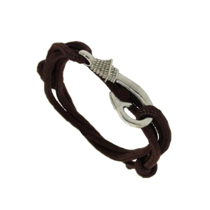 Bracciale cordino cerato marrone a piu' giri con amo in acciaio