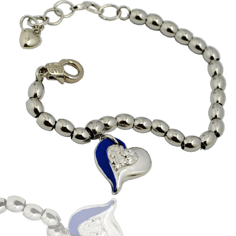 Braccialetto donna con maglia ad olivette cm 17-23 con ciondolo cuore in blu