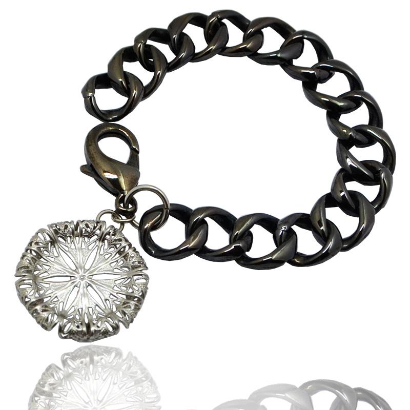 Bracciale donna grumetta in acciaio placcato rutenio con ciondolo fiore traforato
