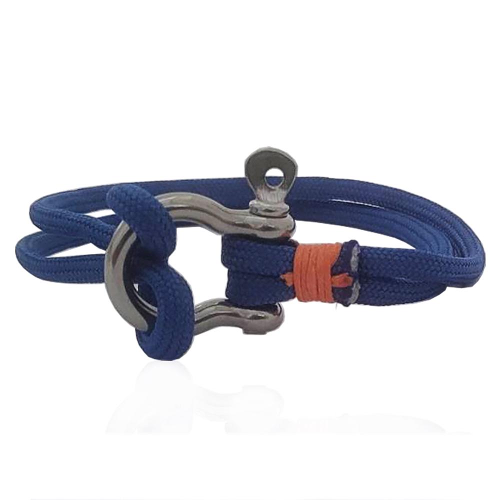 Bracciale doppia corda blu elettrico con grillo nautico centrale in acciaio e riporti in corda arancio