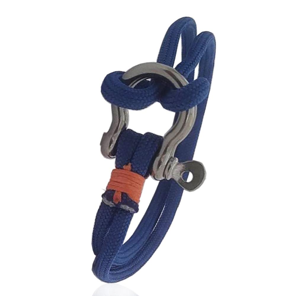 Bracciale doppia corda blu elettrico con grillo nautico centrale in acciaio e riporti in corda arancio