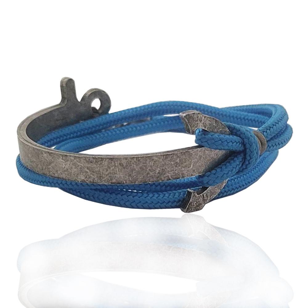 Bracciale doppia corda turchese con ancora in acciaio brunito