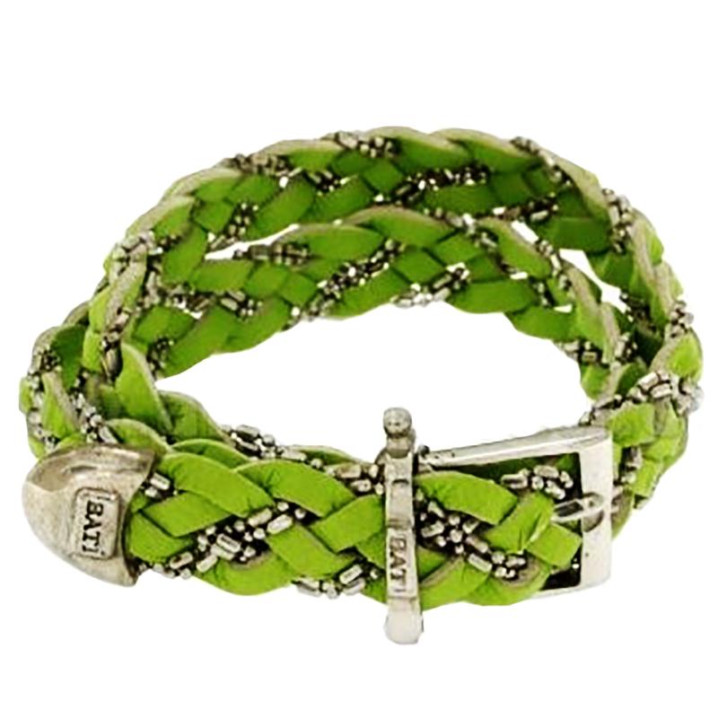 Bracciale doppio giro cm 39 in pelle verde con catena e fibbia in argento 925