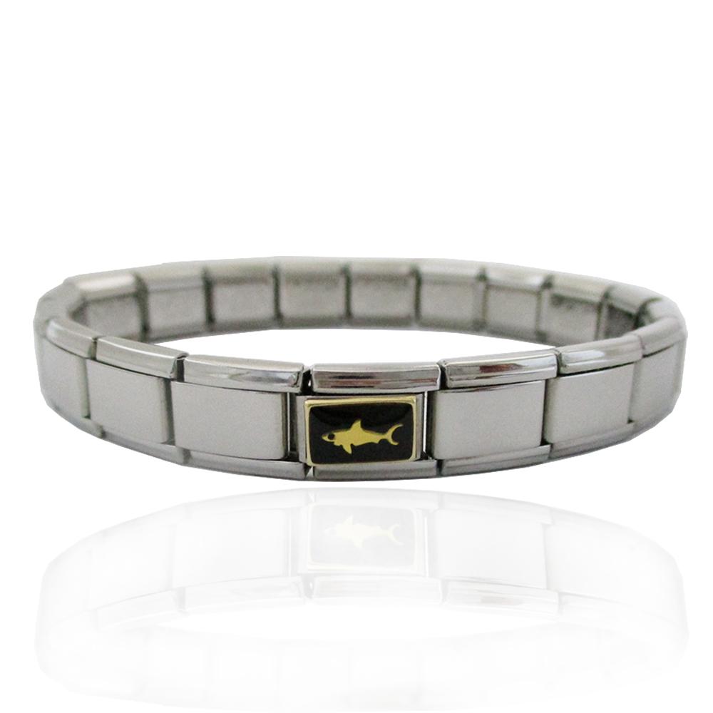 Bracciale acciaio estensibile in acciaio lucido con centrale in oro simbolo squalo