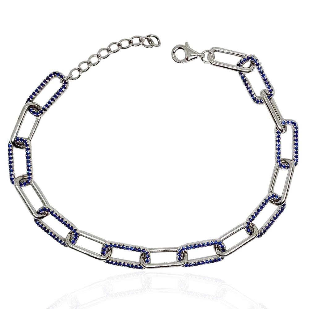 Bracciale forzatina allungata in argento 925 rodiato con zirconi capri blue