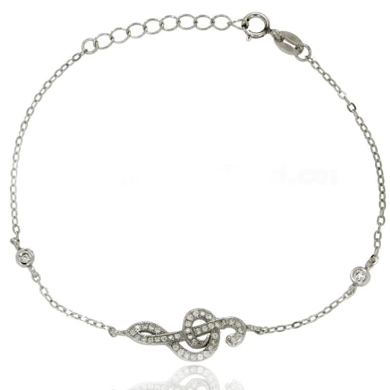 Bracciale forzatina con chiave di violino centrale in argento 925 rodiato con zirconi bianchi